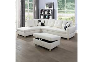 SumKea Sectional Set L Shape Couch, Faux Leather 5-seat Sofa with Storage Ottoman & Pillows, Left Hand Facing, White