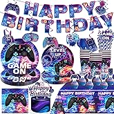 186Pcs Video Game Birthday Decorations Tableware Set Serves 25 Guests, Gamer Birthday Party Decorations Include Banner, Plates and Tablecloth, Cake Topper, Gaming Party Supplies for Boys