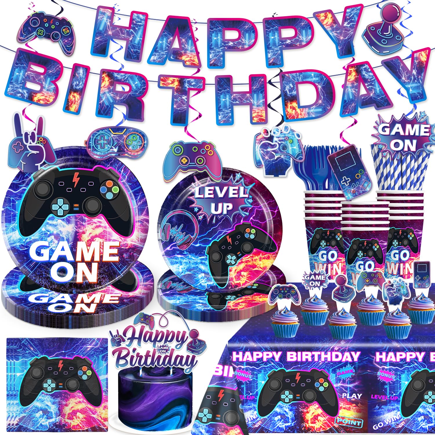 Photo 1 of 186Pcs Video Game Birthday Decorations Tableware Set Serves 25 Guests, Gamer Birthday Party Decorations Include Banner, Plates and Tablecloth, Cake Topper, Gaming Party Supplies for Boys