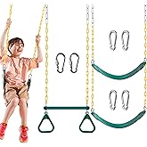 TURFEE 3 Pack Assorted Swing Set, Including 1 Gym Rings Trapeze Bar and 2 Pcs Swings with Plastic Coated Chain, Swingset Accessories Replacement for Kids Outdoor Play, Playground- Green