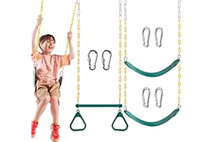 TURFEE 3 Pack Assorted Swing Set, Including 1 Gym Rings Trapeze Bar and 2 Pcs Swings with Plastic Coated Chain, Swingset Accessories Replacement for Kids Outdoor Play, Playground- Green