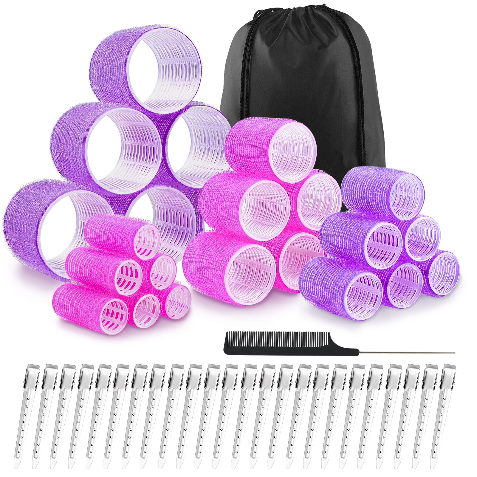 JOLCEEY 50pcs Hair Rollers with Clips, Jumbo Large Medium Small Rollers for Hair Volume Big Hair Curlers Rollers for Long Medium Short Hair DIY Hairdressing (Purple, Rose red)
