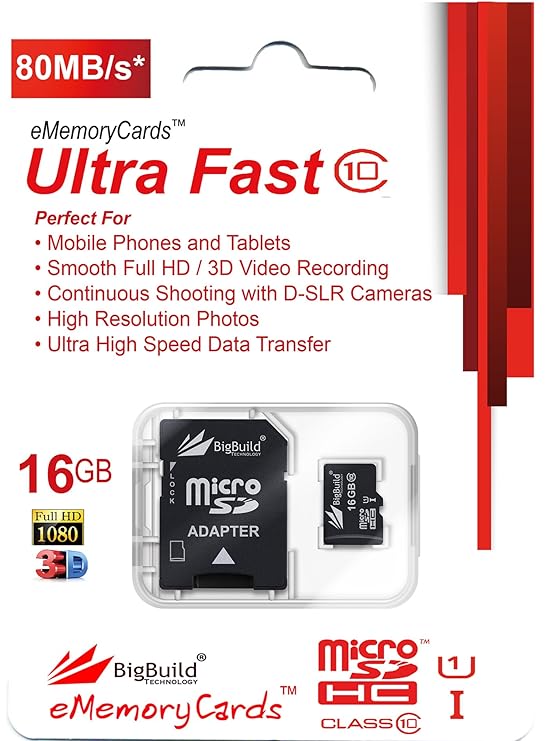 eMemoryCards 16GB Ultra schnelle 80MB/s Klasse 10 MicroSD SDHC Speicherkarte für Alcatel PIXI 4 8050D Mobile | SD Adapter ist