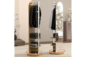 Lilvduybz 360° Swivel Full Length Mirror, Space-Saving Wood Full Body Mirrors with Coat Rack, 2-in-1 Freestanding Floor Mirro