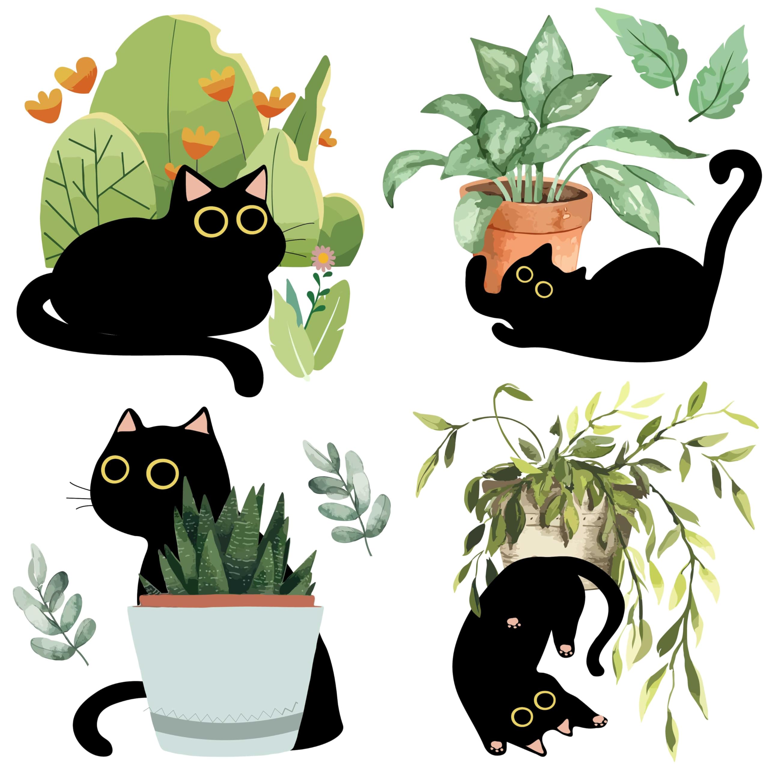 GORGECRAFT 4Pcs Black Cats Window Decals 16cm Green Plants Window Stickers Static Window Decals Removable Waterproof Vinyl Film Spring Bedroom Bathroom Decals for Prevent Birds Dogs Pets Strikes
