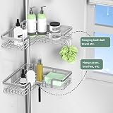 KEGII Telescopic Shower Caddy Corner Silver Stainless Steel Shelf with Hooks view 5