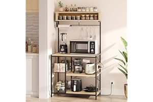 Bestier Bakers Rack with Power Outlet, 10 Hooks Coffee Bar with Wire Basket, Microwave Stand with Paper Holder, Adjustable Kitchen Storage Shelf for Spice, Pots and Pans Organizer, Oak