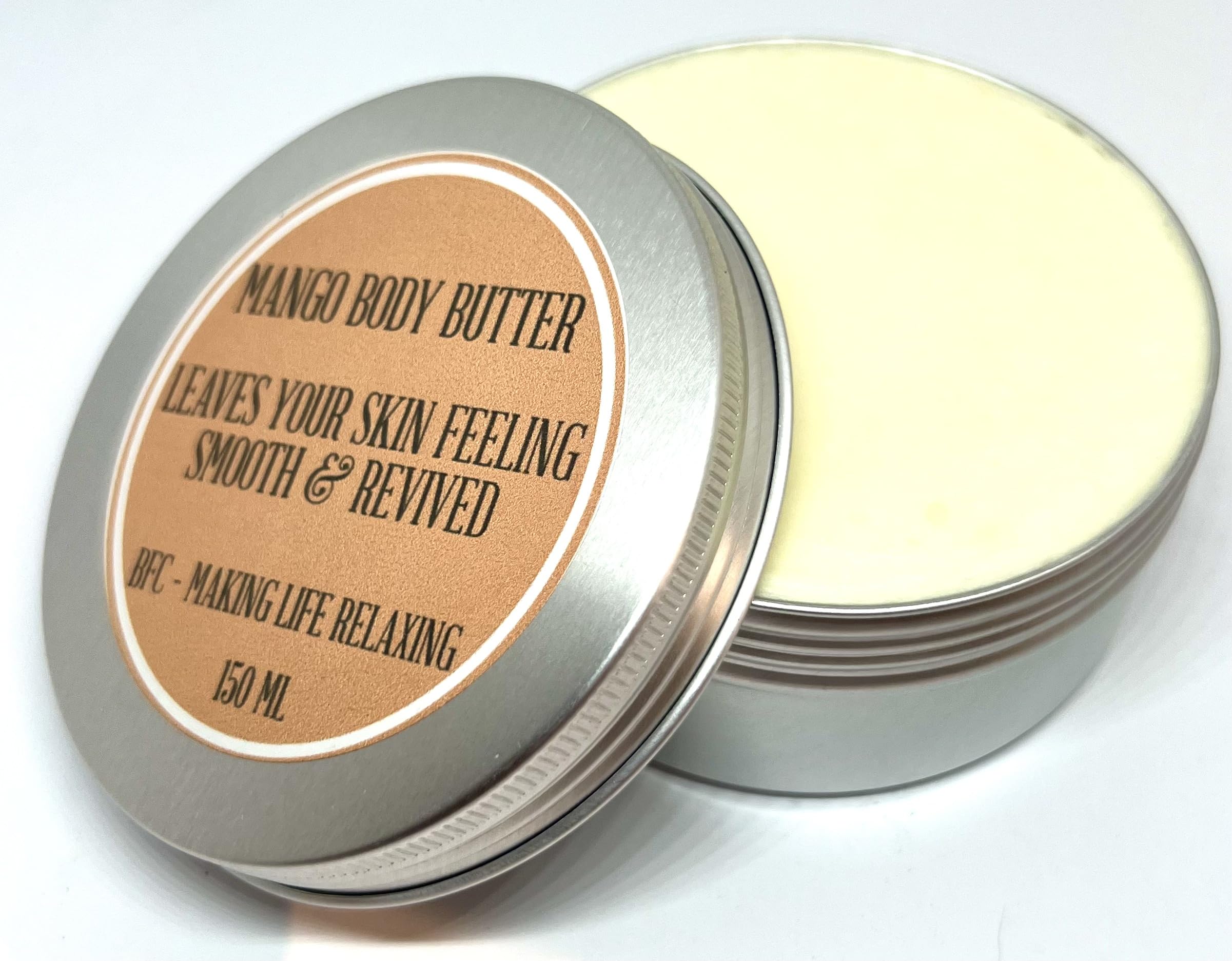 BFC Body Butter Mango Scented 150ML Silver Tin - Made with Mango Butter, Shea Butter, Sweet Almond Carrier Oil and pure Mango Essential Oil. Shipping on 48 Hour Tracked Service [Energy Class A++
