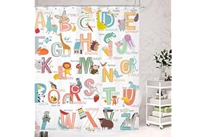 Cinbloo Kids Alphabet ABC Shower Curtain Cute Cartoon Animals Educational Learning Bathroom Curtain Funny Child Baby Boys Girls Nursery Classroom Bath Curtain Fabric Bathroom Decor 12 Hooks 60Wx72H