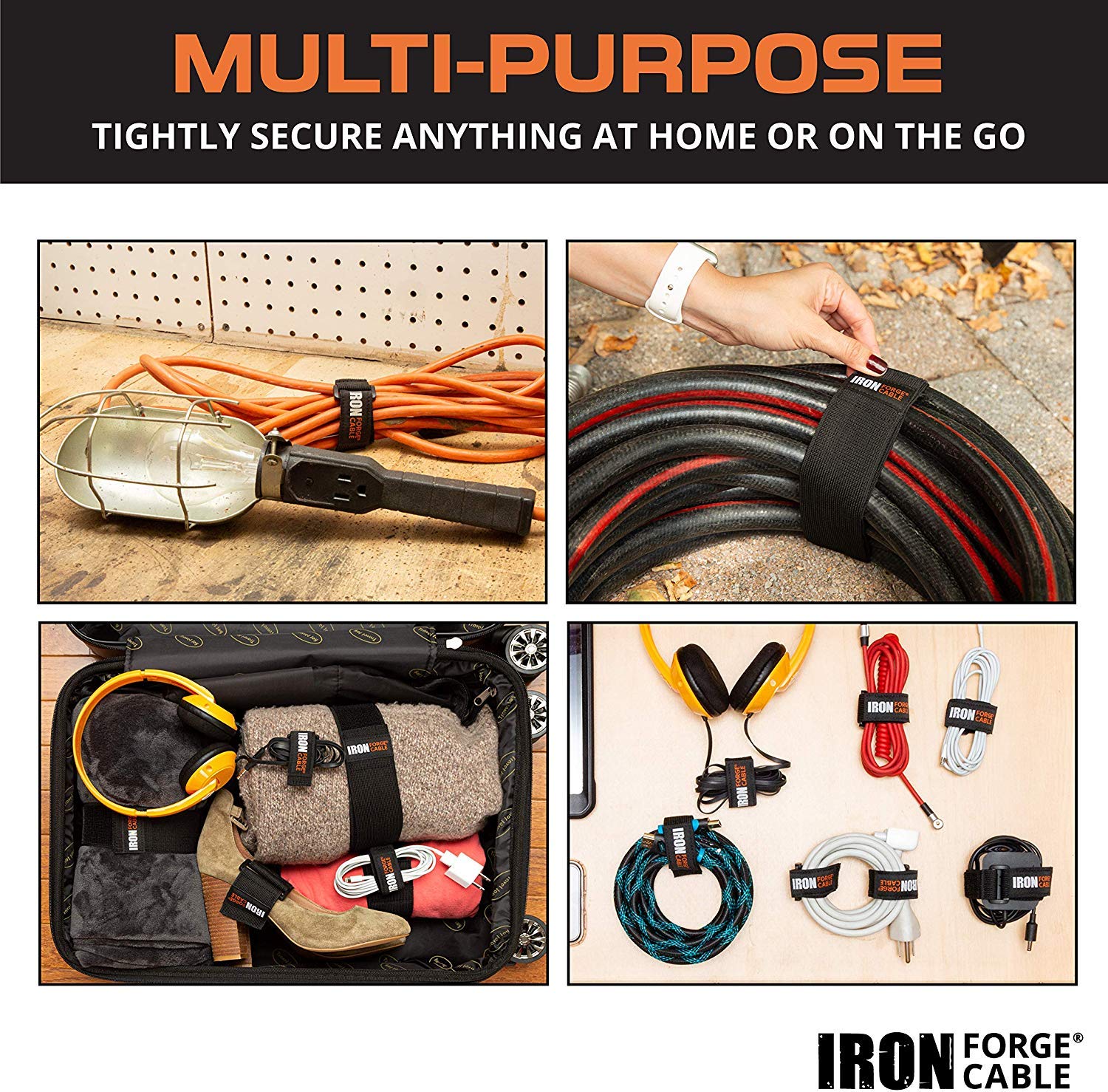 12 Inch Stretchy Hook and Loop Cinch Straps for Power Cables Ropes