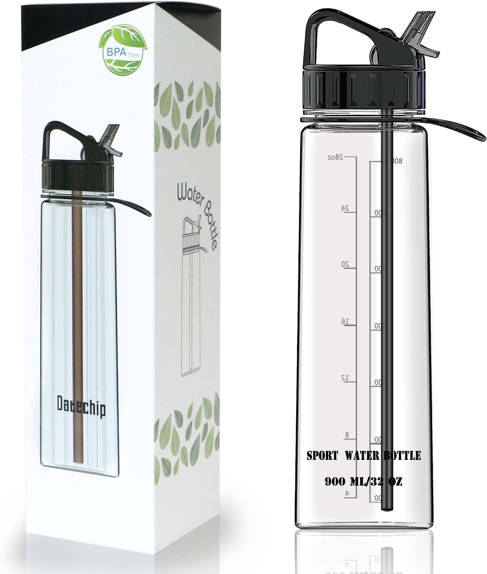 Datechip Larger Water Bottle With Straw BPA Free Sports Water Bottle 900 ml/32oz ECO Friendly Leak Proof Reusable Water Flask in School Office Camping Gym Travel Outdoor