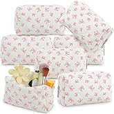 Paterr 6 Pcs Quilted Makeup Bag Bulk for Women Girls Birthday Valentine's Day Bridesmaid Gifts Cute Cotton Cosmetic Pouch Bow Floral Coquette Aesthetic Travel Toiletry Bag(Little Bow,White)