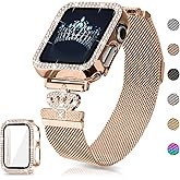 Youthrun Magnetic Band Compatible with Apple Watch 38mm 40mm 41mm 42mm 44mm 45mm 46mm Stainless Steel Metal Strap with Bling Case and Built-in Screen Protector, Dressy Milanese Loop iWatch Bands for Women