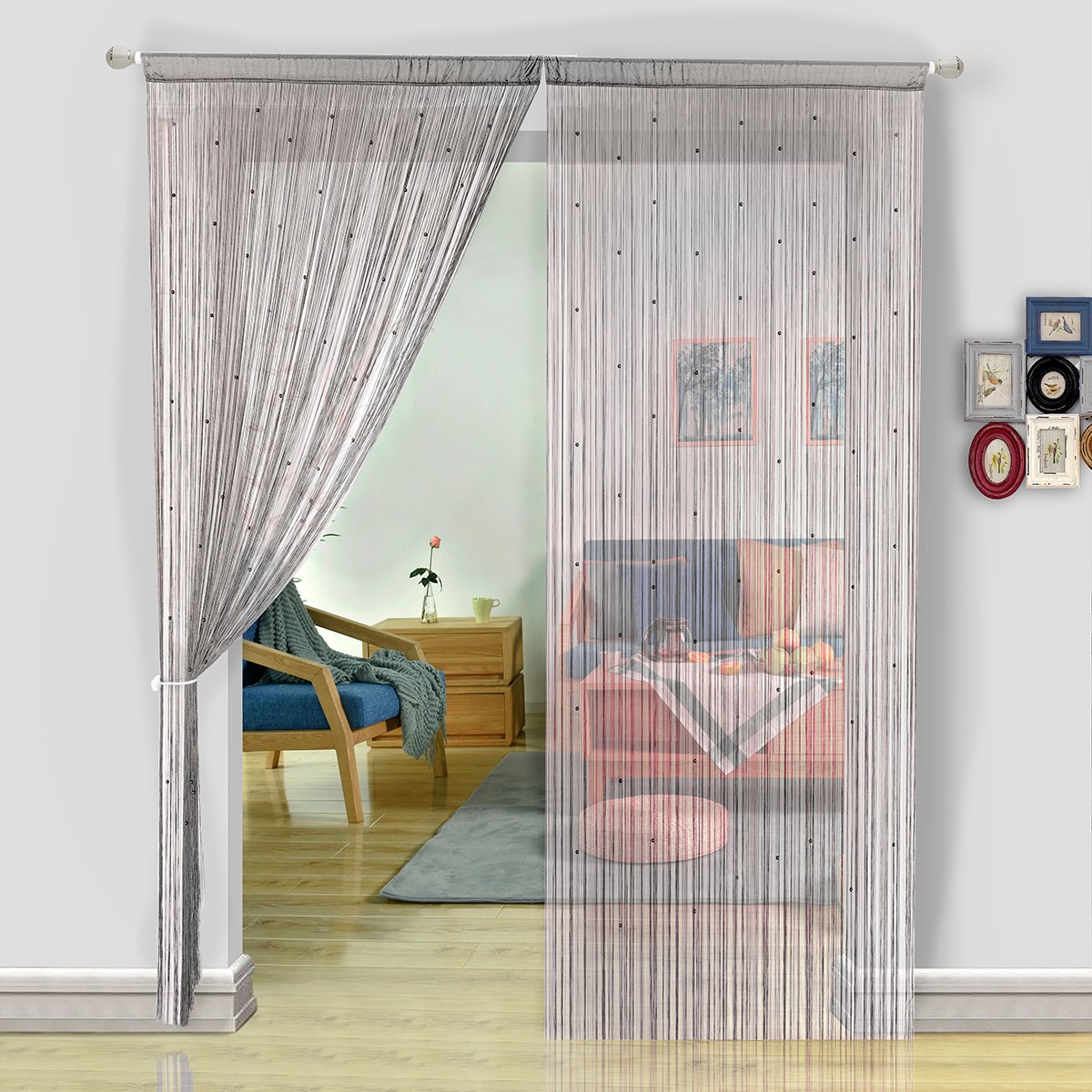 HSYLYM String Curtains Spaghetti Door Beads Light Weight Colourful Dense Bead Curtains for Party Decorations,Grey, 244x229cm