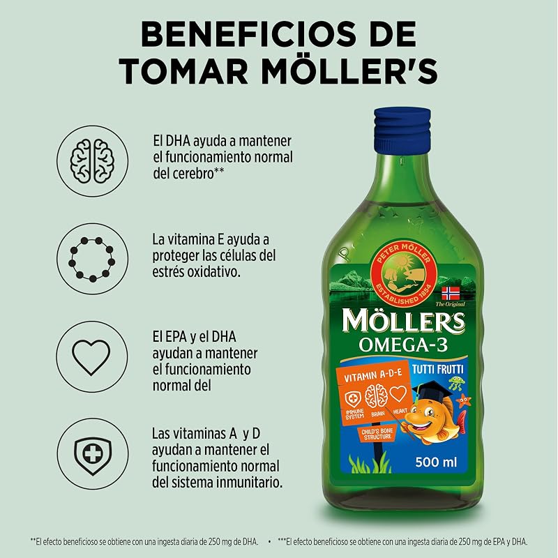 Moller’s ® | Aceite de hígado de bacalao | Complemento dietético para niños con omega-3 EPA, DHA y vitaminas A, D y E | Sabor Tutti Frutti | 500 ml — foto 2 de 8