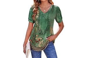 Zeagoo Women's Puff Short Sleeve Boho Shirts Casual V Neck Floral Solid Summer Blouse Pleated Casual Tunic Top