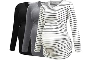 Smallshow Women's V-Neck Maternity Shirt Clothes Long Sleeve Ruched Pregnancy Top