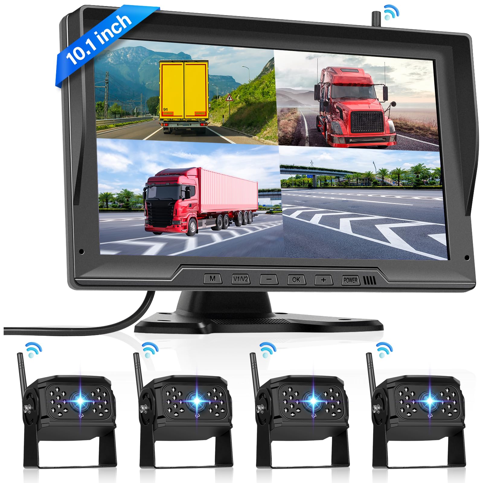 Photo 1 of 1080P Wireless Backup Camera Digital System Kit, Hodozzy 10.1 Inch HD 4 Quad Split Screen Reversing Monitor with Loop Record, Night Vision/IP68 Waterproof/Rear View Camera RV/Truck/Trailer/Bus/Camper
