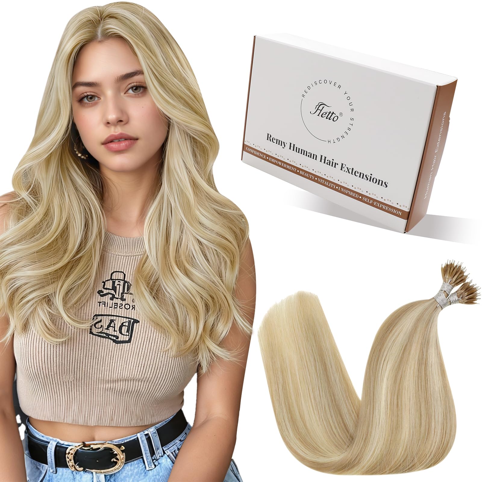 Hetto Nano Hair Extensions Real Human Hair Light Blonde Highlights 18 Inch - Invisible Nano Beads Hair Extension, Nano Rings Human Hair Straight for Women Daily Styling 50 g 50 strands #17/23 — image 1