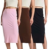 Real Essentials 3 Pack: Women's Midi Ribbed Knit Skirt with Side Slit - Stretchy Work Business Casual Pencil Pull-On Skirts