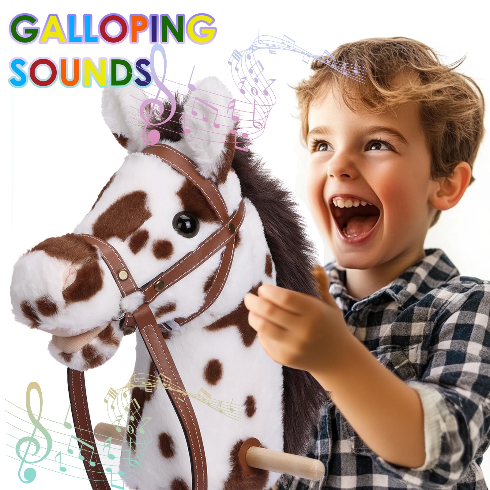 Stick Horse with Realistic Sound Effects, Hobby Horse, Wooden Pole, Handle, and Wheels, 38 Inch Tall Horse Toys Gift for Kids Toddlers 3 and Up, Black (AA Batteries Required)