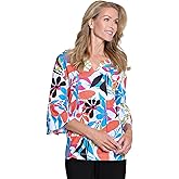 MULTIPLES Women's 3/4 Flounce Sleeve Notch Neck Top