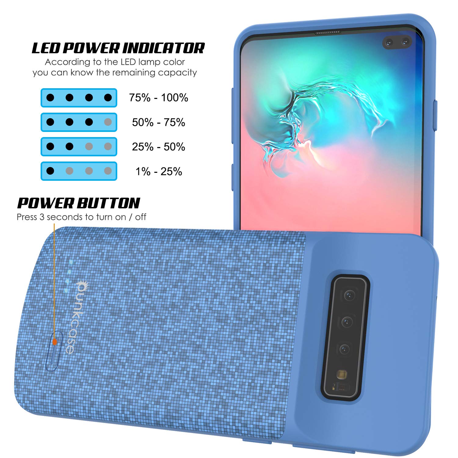 PunkJuice S10 Plus Battery Case, 5000mAh Fast Charging Extended Power Bank W/Screen Protector | IntelSwitch | Slim, Secure and Reliable Compatible W/Samsung Galaxy S10 Plus [Blue]