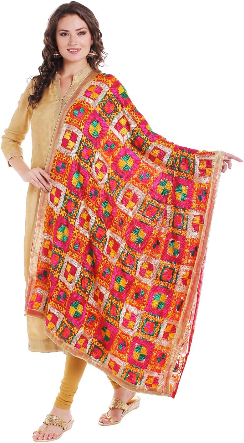 DUPATTA BAZAARWomen's Red & Multicoloured Chiffon Dupatta with Phulkari Embroidery