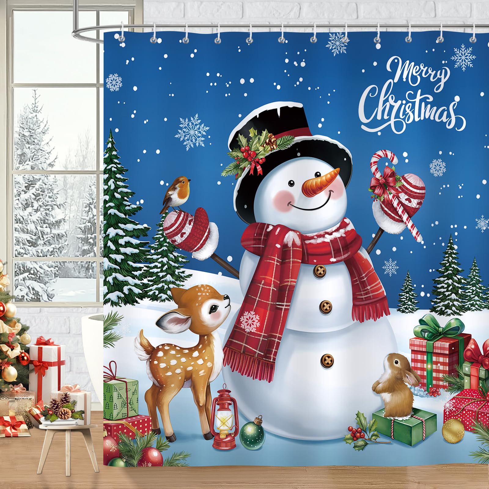 Bonhause Christmas Snowman Shower Curtain, Xmas Deer Pine Tree Blue Winter Bathroom Curtain 180 x 180 cm Waterproof Mildew and Mould Resistant Polyester Fabric Bath Curtain with 12 Hooks