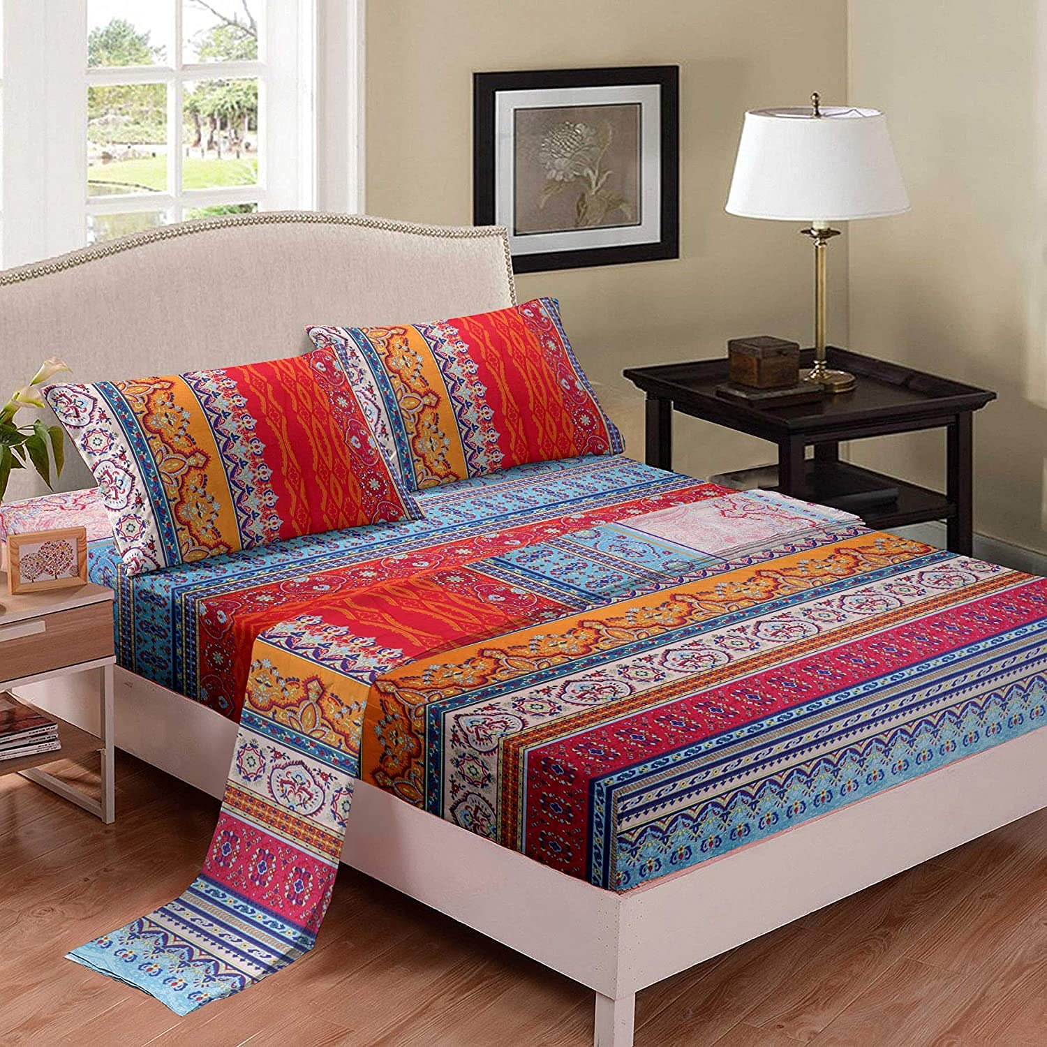 Bohemian Bed Sheets Red Boho Sheet Set 4 Piece Super Soft Microfiber Colorful Tribal Striped Bed Sheets Set + Deep Pocket Fitted Sheets + Exotic Flat Sheet + Retro 2 Pillow Sham Adult Double Size