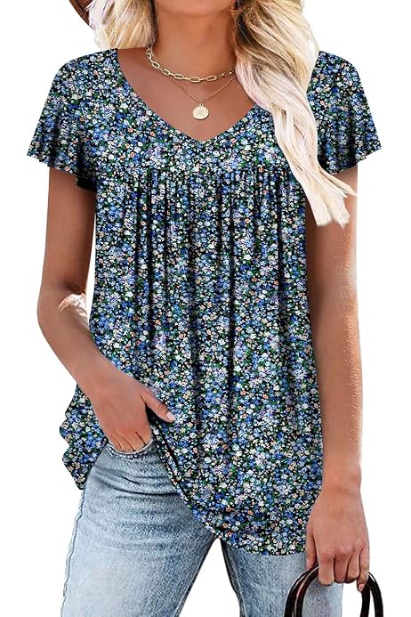 Women's Floral Tunic Top - Ruched Button-Up Blouse To Wear With Leggings, Casual Short Sleeve Shirt For Spring & Summer