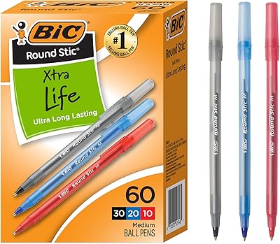 BIC Round Stic Xtra Life Assorted Ink Ballpoint Pens, Medium Point (1.0mm), 60-Count Pack of Bulk Pens, Flexible Round Barrel for Comfortable Writing, No. 1 Selling Ballpoint Pens