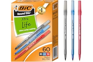 BIC Round Stic Xtra Life Assorted Ink Ballpoint Pens, Medium Point (1.0mm), 60-Count Pack of Bulk Pens, Flexible Round Barrel for Comfortable Writing, No. 1 Selling Ballpoint Pens