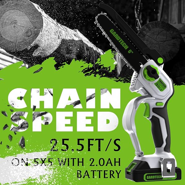 GARDTECH MINI CHAINSAW CORDLESS 6 INCH – PORTABLE ELECTRIC CHAINSAW CORDLESS BATTERY POWERED, HANDHELD SMALL CHAIN SAW WITH 2-SIDE SECURITY LOCK [SOUTHPAWS FRIENDLY] FOR WOOD CUTTING, PRUNING BRANCHES
