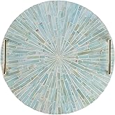 PEMAR Mother of Pearl Decorative Tray, 13" Round Display and Serving Tray with Gold Handles, Vanity/Perfume/Trinket Catchall for Dresser, Bathroom, Vanity Table (Teal Sunlight Starburst Pattern)