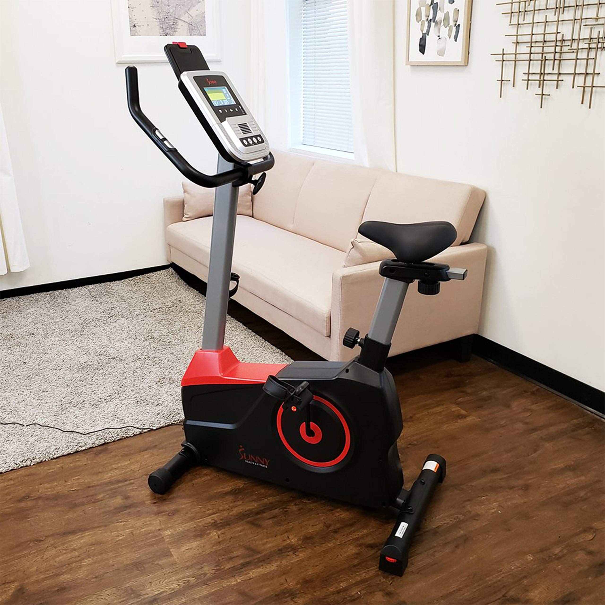 Sunny Health & Fitness Evo-Fit Stationary Upright Bike with 24 Level Electro-Magnetic Resistance - SF-B2969 Black/Red