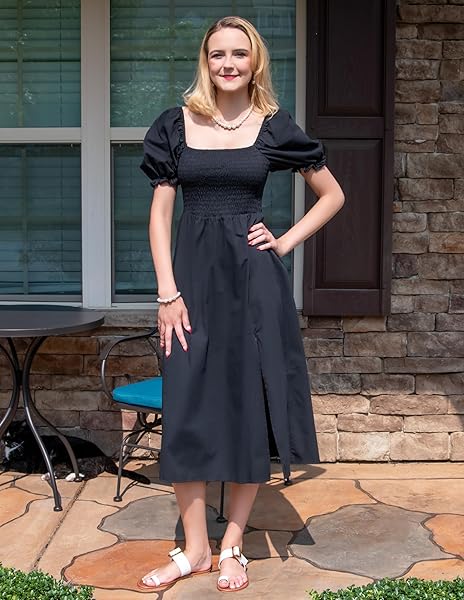 WOMEN’S SUMMER CASUAL PUFF SLEEVE DRESS SQUARE NECK SMOCKED OFF SHOULDER BOHO SIDE SPLIT MIDI DRESSES