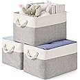 Storage Bins 3 Pack, Fabric Storage Basket for Collapsible Medium Canvas Storage Baskets for Organizing Shelf Nursery Home Closet with Cotton Rope Handle 15(L) x 11(W) x 9.5(H) inch(White&Grey-3PCS)
