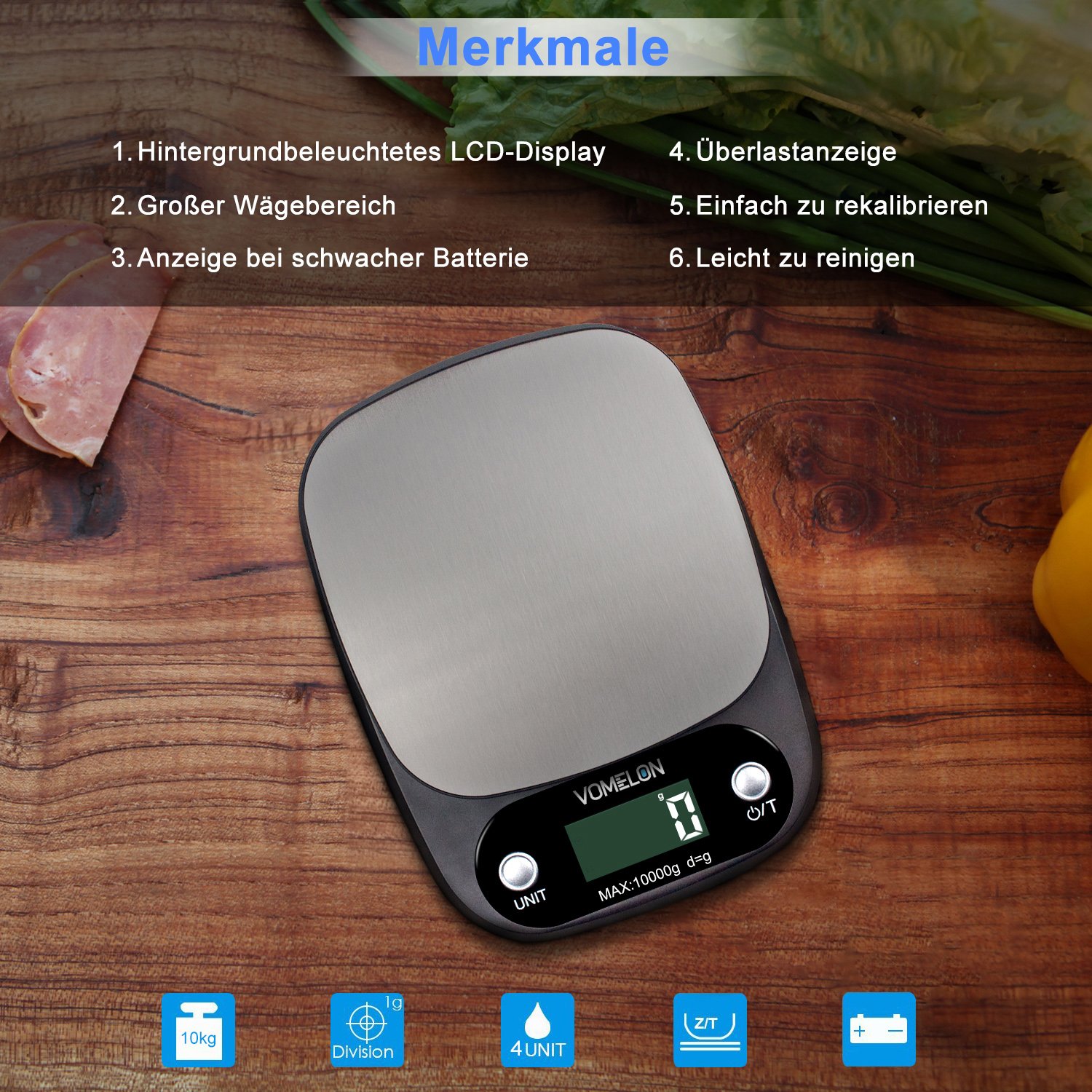 Elektronische Küchenwaage,10kg x 1g, Elektronische Waage mit Größerer Plattform Edelstahloberfläche, Tara-Funktion, Großes LCD-Display
