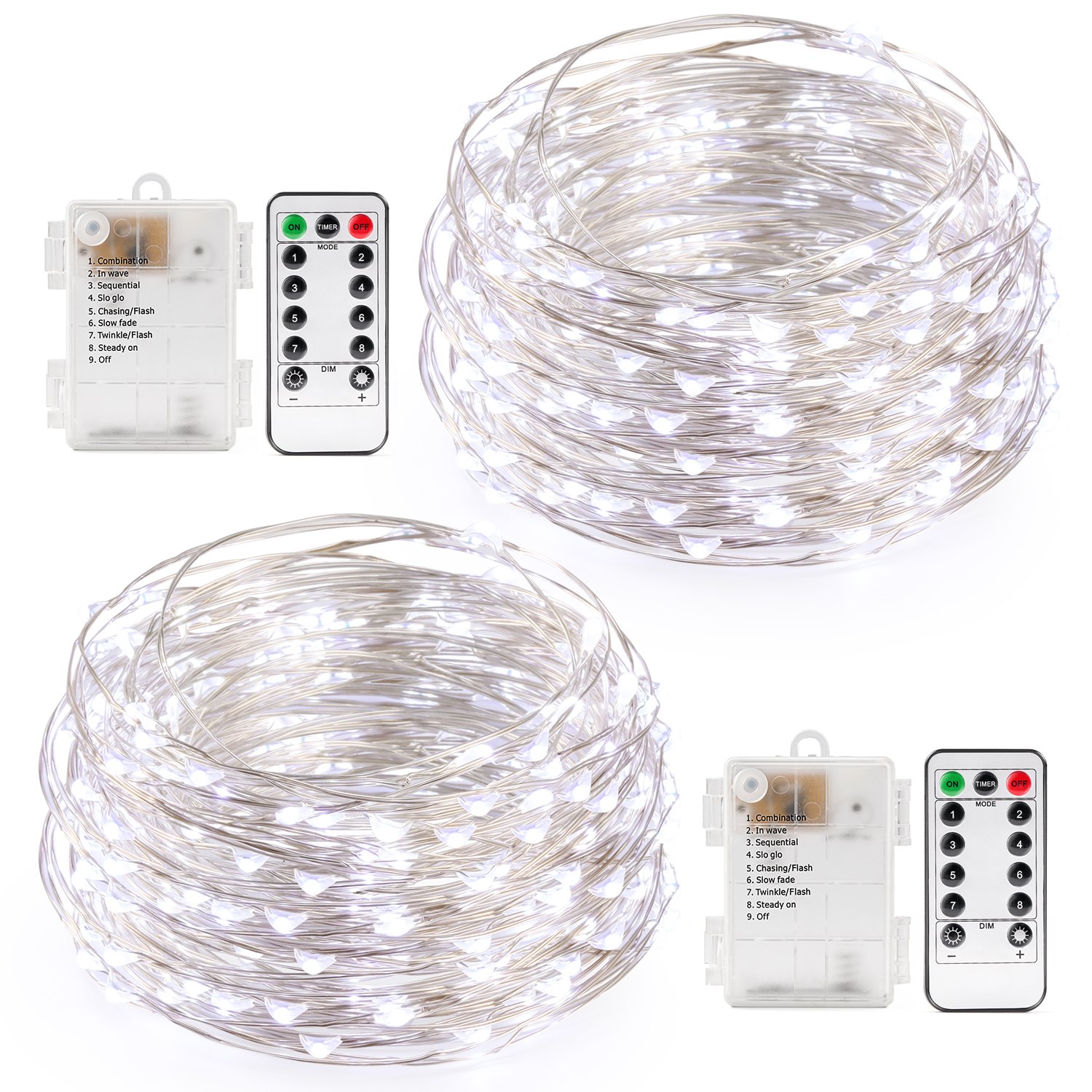 Kohree String Light Daylight White Remote Control Battery Operated Waterproof 8 Modes 50 LED 16.4ft/5M Silver-Coated Copper Wire Firefly Rope Lights 2 Packs