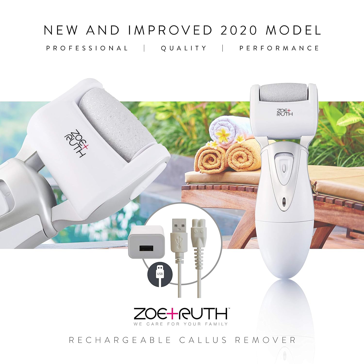 Electric Callus Remover USB Rechargeable Pedicure Foot File tool by Zoe+Ruth for Dry Cracked Dead Skin on your Heels and Feet. International Charger, 3 Rollers & Travel Friendly Storage Case. : Beauty