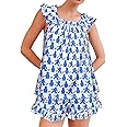 FEMLE Womens Ruffle Tank Top Pajama Set Cute Preppy Bear Pajamas Cami and Shorts 2 Piece Lounge Pj Sets