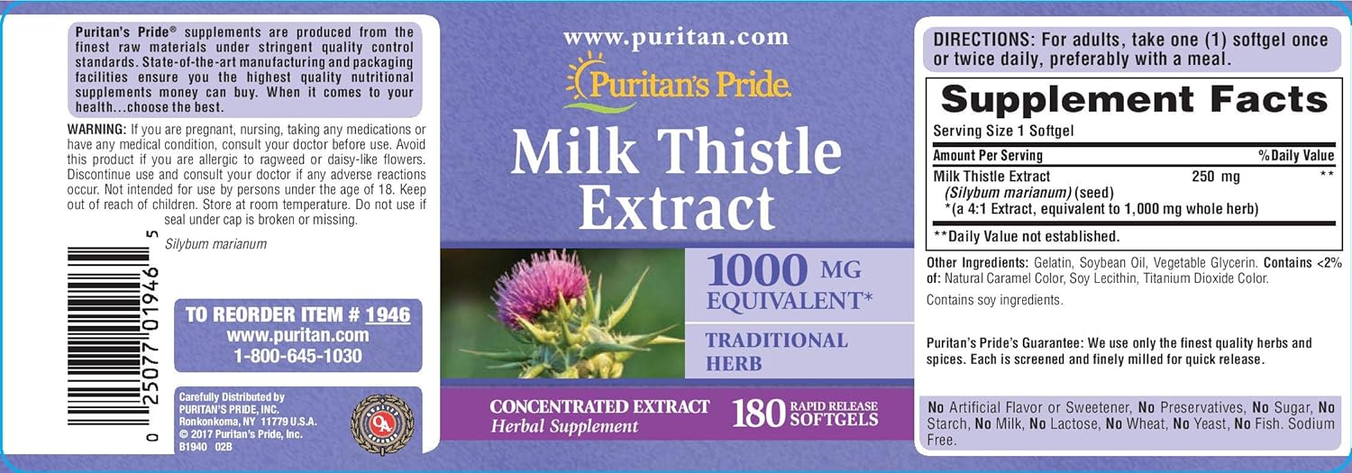 Puritans Pride Milk Thistle 4:1 Extract 1000 Mg (Silymarin) Softgels, 180 Count: Health & Personal Care