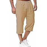 Mingzhu Men's Loose Drawstring Linen Long Shorts Summer 3/4 Below Knee Capri Pants
