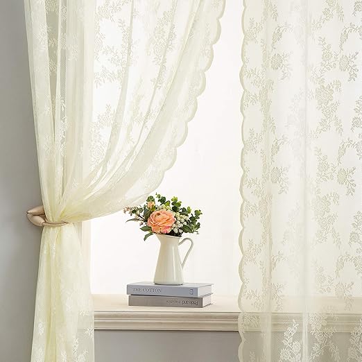 Semi Sheer Lace Curtains 84 Inches Long for Bedroom, Embroidered Floral