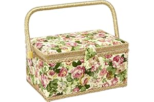 Sewing Basket with Rose Floral Print Design- Sewing Kit Storage Box with Removable Tray, Built-in Pin Cushion and Interior Pocket - Medium - 11" x 7" x 5.5" - by Adolfo Design