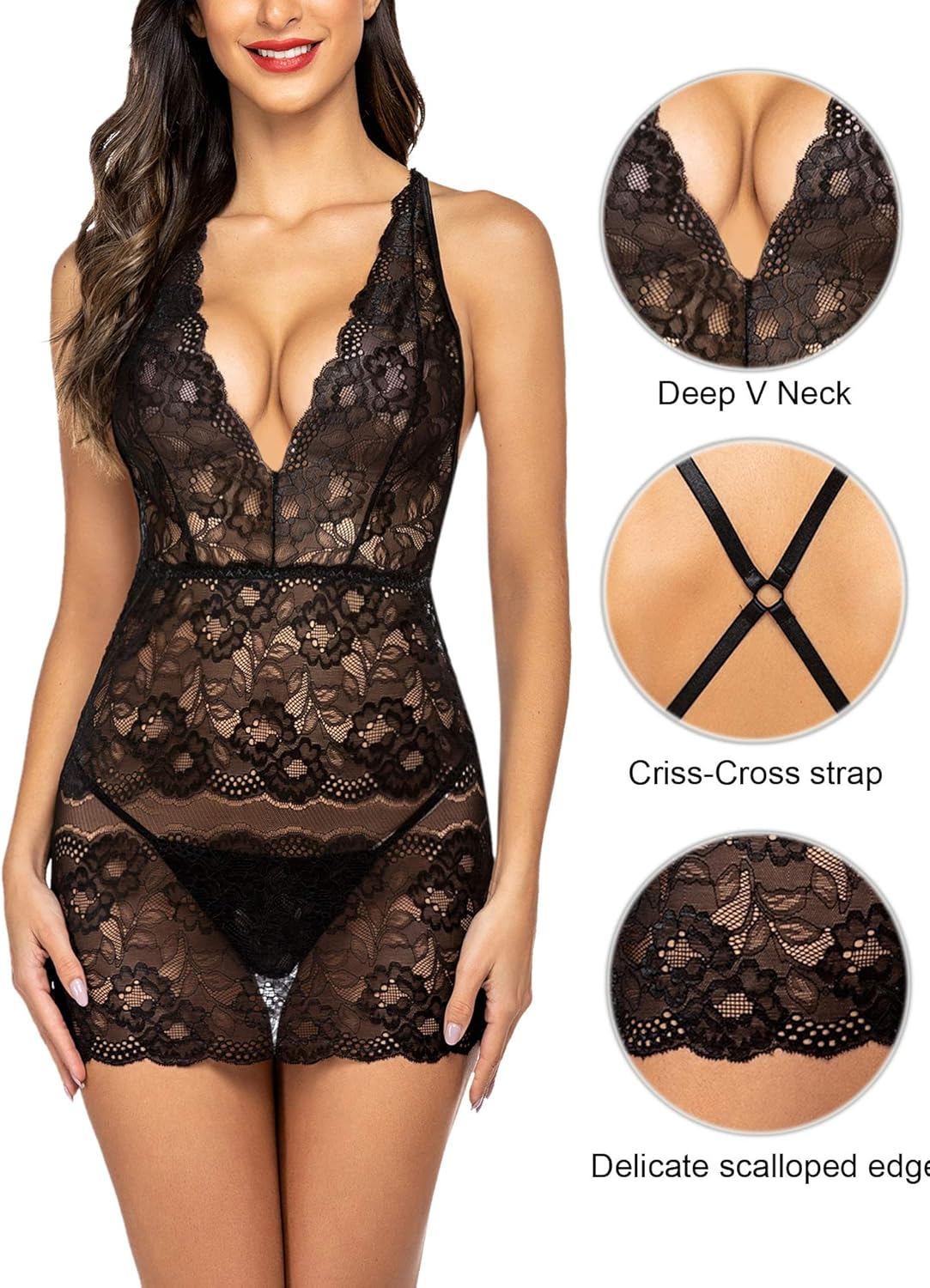 Avidlove Babydoll Lingerie for Women Sexy Lace Teddy Dress Bodycon Chemise Nighty: Clothing
