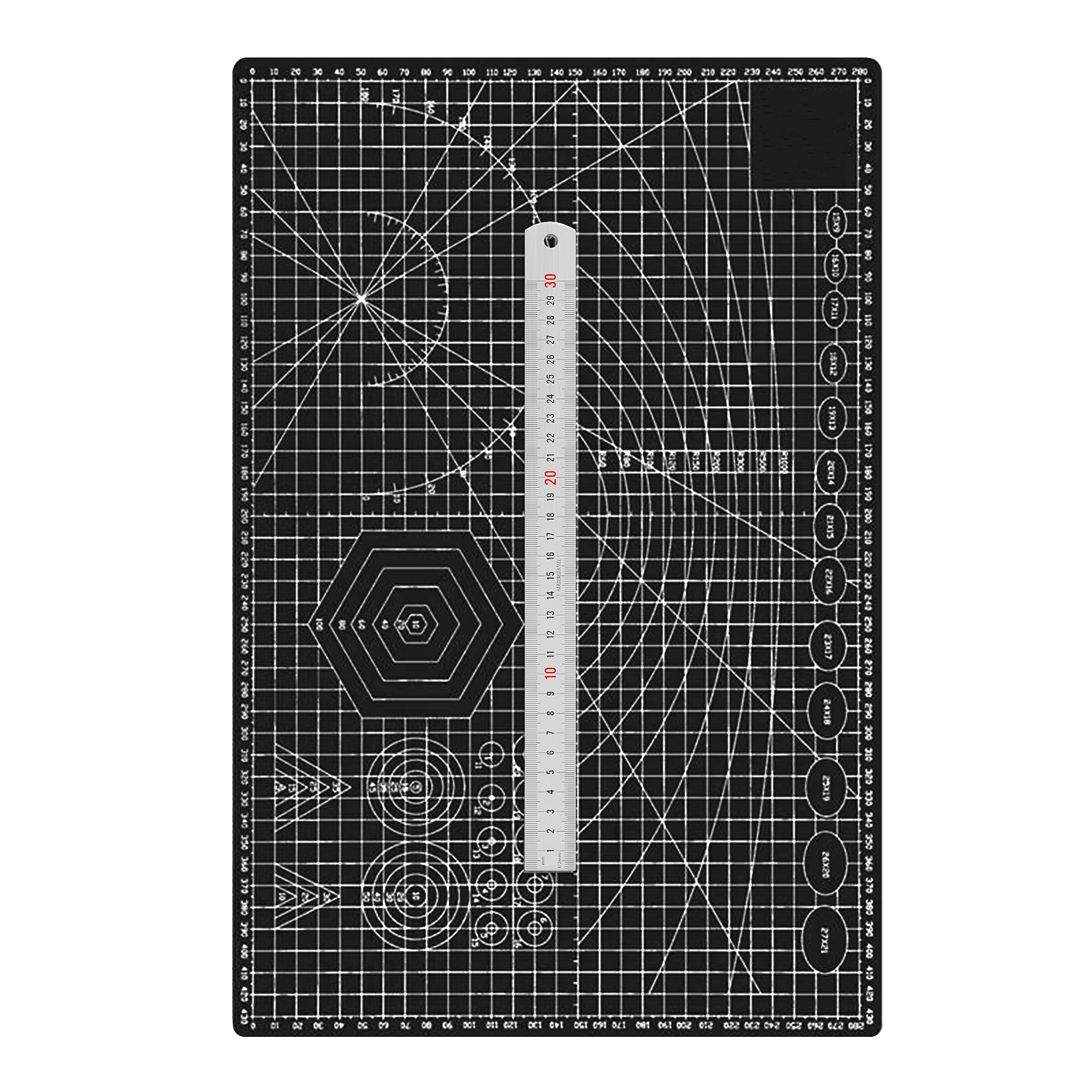 TEN-HIGH A2 Self-Healing Cutting Mat Black 2 mm Thick Craft Mat 45 cm x 30 cm with Steel Ruler