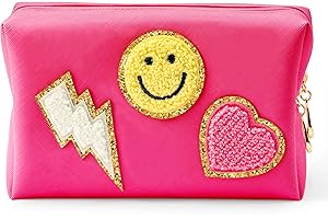 LieToi Preppy Patch Small Toiletry Bag, Smile Lightning Heart PU Leather Portable Waterproof Makeup Cosmetic Bag Daily Use Storage Purse Travel Organizer Compliant Bag for Women Girls Gift (Rose Red)