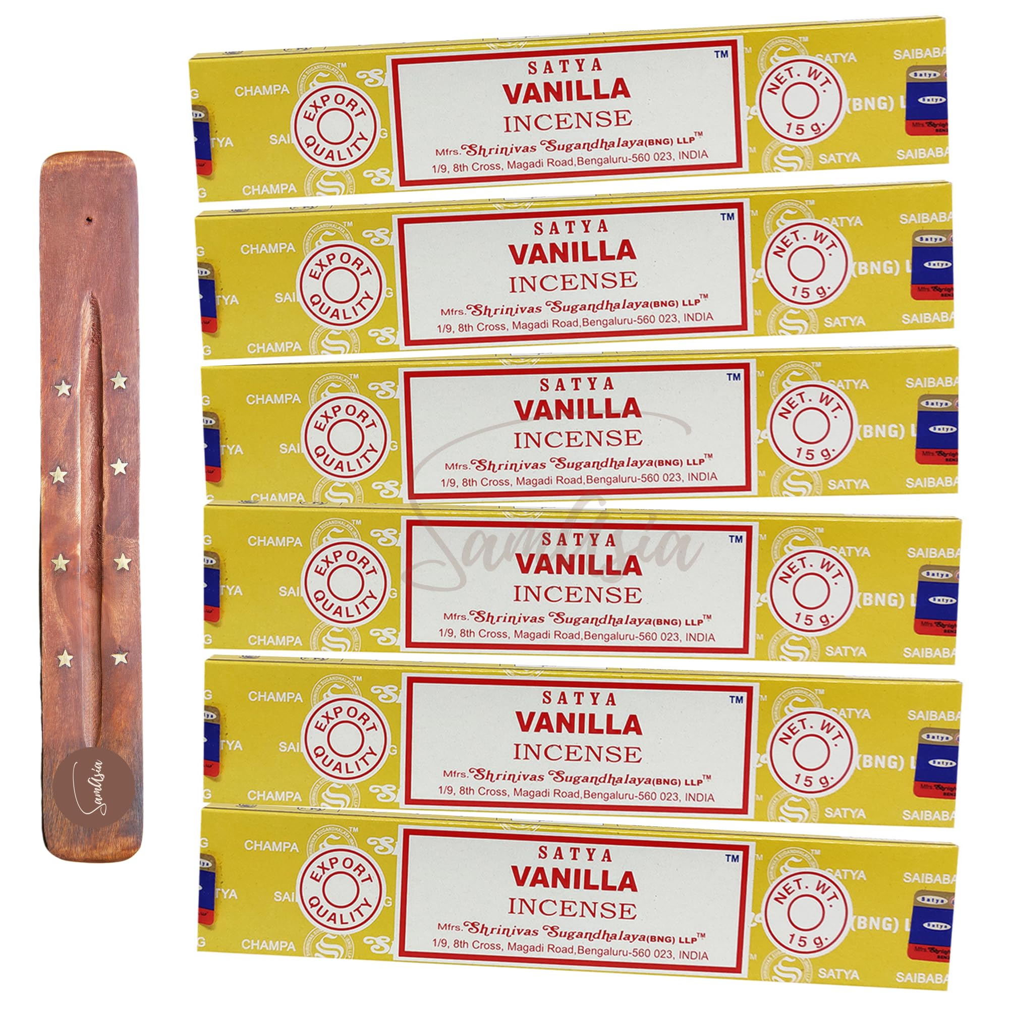 Satya Nag Champa Vanilla Incense Sticks | x6 pack | with SAMASIA incense sticks holder | Used for Aromatherapy, Spa, Yoga, Weddings, Meditation, Healing, Positivity and Relaxation